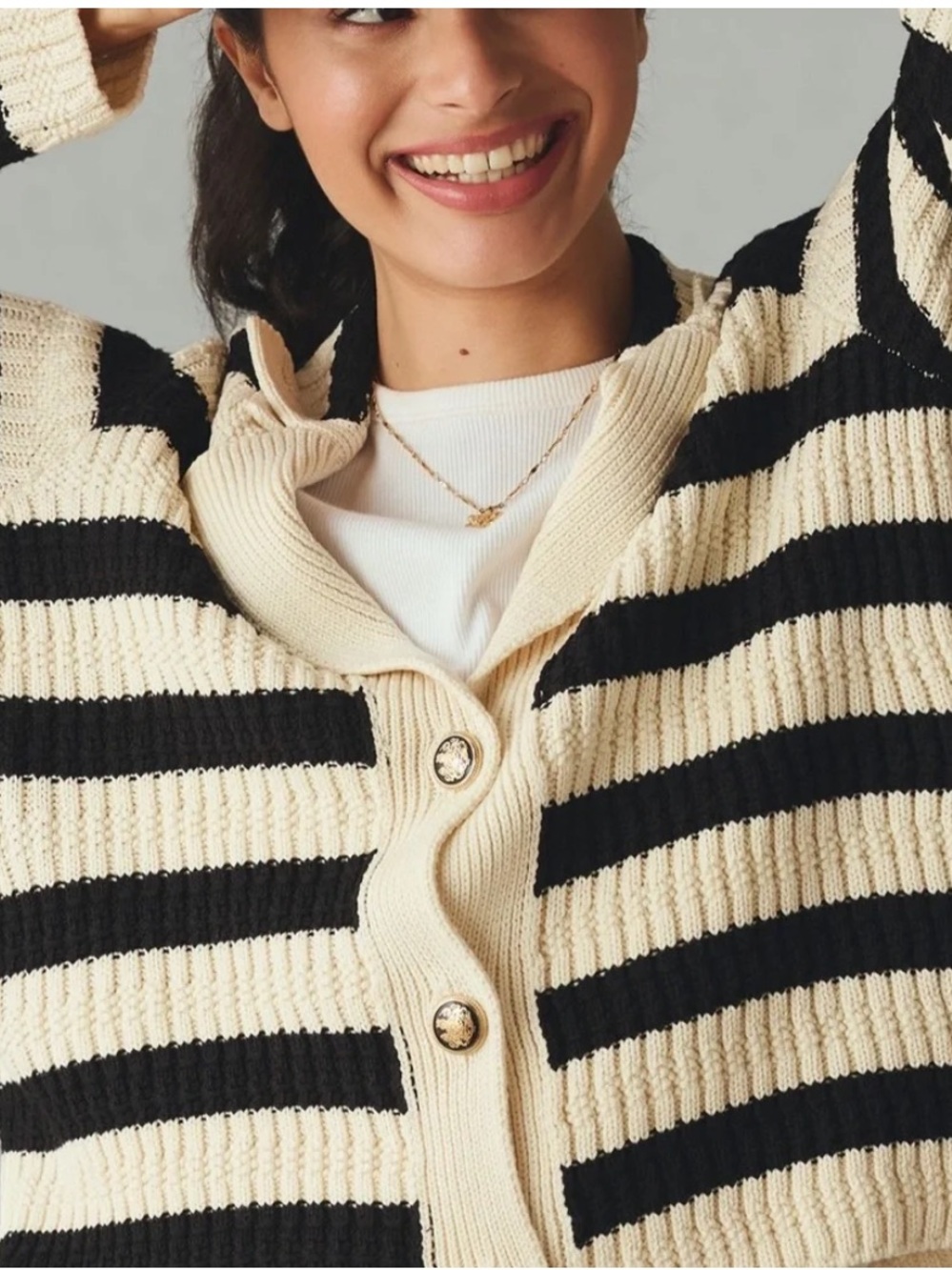 Maeve by Anthropologie Greta Black & Cream Striped Ribbed Button Polo Cardigan - Picture 2 of 14